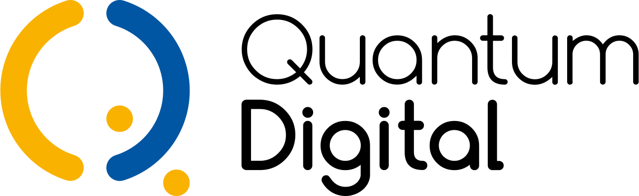 Links auf dem Bild ist das Quantum Digital Logo mit geben und blauen Farben, danaben steht der Firmenname Quantum Digital in schwarzer Schrift auf zwei Zeilenn un